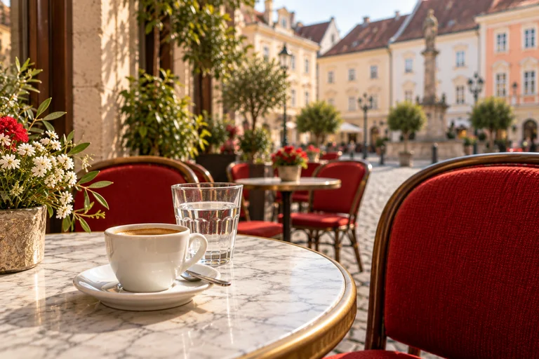 KI-generierte, fiktive Café-Studie für St. Pölten: Kaffee und Wasserglas auf einem Marmortisch mit roten Polstern und Altstadtkulisse