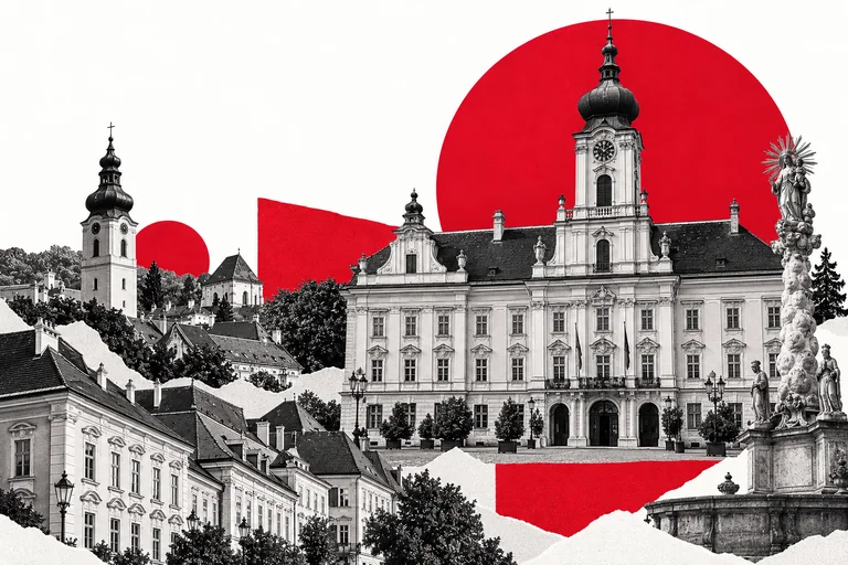 KI-generierte Schwarz-Weiß-Collage mit stilisiertem St. Pöltner Rathaus, Altstadtmotiven und roten Papierformen